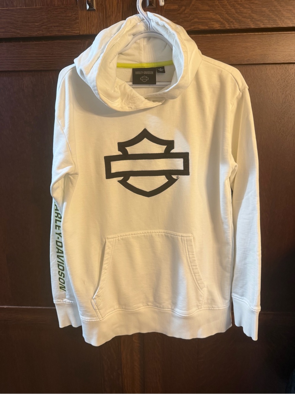 Harley-Davidson White Hoodie with Black Logo and Green Sleeve Text